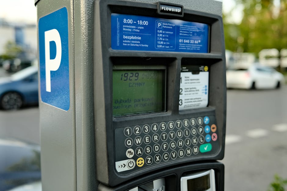 Close-up of a parking meter located in an outdoor parking lot during daylight, with a blue and white 'P' sign indicating parking. The meter features a digital display showing the time as 19:29 and var