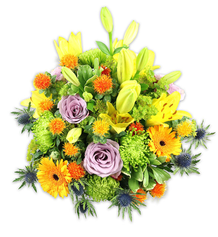 Presented on a neutral white field, this abundant hand-tied bouquet combines bold colour and varied texture in a harmonious, expertly balanced composition. Several sunny yellow Asiatic lilies claim the vertical centre, some fully unfurled with their speckled faces and exposed stamens, others remaining elegant, tapered buds that bring a sense of anticipation and upward motion. Two pale lavender-purple roses sit near the core as a calm anchor, their spiralled petals softening the brightness around them and lending a romantic, classical note. Large orange Gerbera daisies punctuate the design with flat, radiant heads that draw the eye outward, while bright lime-green button chrysanthemums or cushion blooms supply plush, ruffled massing that fills negative space and provides a verdant cushion for the larger blooms. Tiny, spherical, spike-textured orange and yellow accents-reminiscent of Craspedia or similar-dot the arrangement like cheerful confetti, adding playful texture. Striking blue-grey Eryngium thistles project from the lower and side edges, their stiff, star-shaped bracts introducing a cool, architectural contrast that highlights the warmth of the yellows and oranges. A generous mix of glossy and textured greenery weaves through the stems, creating depth and natural movement under soft, directional light. Crafted with the sensibility familiar to florists serving Motspur Park and nearby Kingston Road, this bouquet conveys warmth, celebration, and thoughtful refinement-equally suited for birthdays, congratulations, or as a comforting seasonal display on a mantel or sideboard.