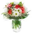 A radiant display of locally sourced charm, this mixed bouquet from Motspur Park gleams with the promise of new beginnings. Fluffy coral carnations bring vibrancy and spirited elegance to the arrangement, their gently rippled petals full of texture and life. Nestled among these are clusters of crisp white chrysanthemums and cheerful daisies, their golden-green eyes providing contrast and a note of innocent warmth. Sprigs of baby's breath thread delicately through the bouquet, softening the overall look with a dreamy, airy grace. In one corner, the magenta buds of alstroemeria remain closed, suggesting gentle transformation soon to unfold. Encircling all, a lush framework of broad, shiny green leaves creates a supportive base, while strands of slender foliage peek between blossoms, adding subtle depth and movement. Arranged in a simple, transparent glass vase filled with clear water, the green stems are easily seen-symbols of vitality and freshness, just as if gathered from the edges of Motspur Park's own greens. With clean white surroundings and soft, even lighting, the focus never shifts from the bouquet's vibrant colours and intricate textures. This composition is ideal for conveying joy during birthdays, offering thanks to a neighbour, or celebrating small victories-its inviting presence is a heartfelt reflection of Motspur Park's spirit and floral artistry.